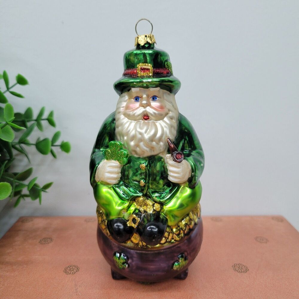Lucky Leprechaun Irish Santa Glass Ornament
